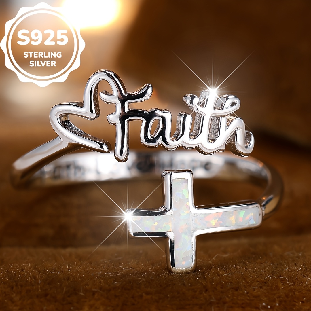 Vintage Boho Opal Cross Ring 925 Silver Plated Script Lettering